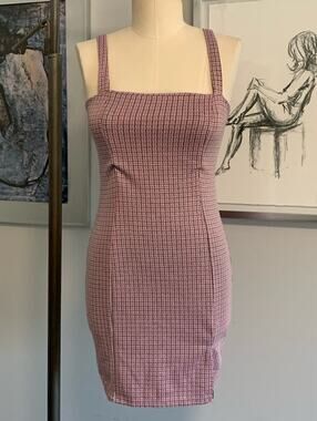 Polly & Esther Retro Pink Houndstooth Tank Pencil Dress Y2K Fitted Sleeveless